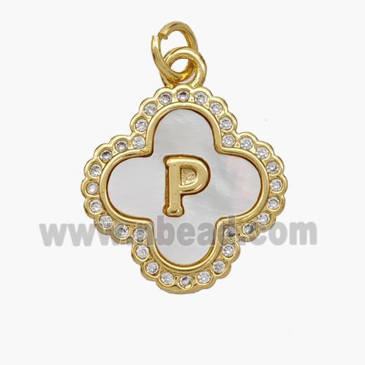 Copper Clover Pendant Pave Shell Zirconia Letter-P 18K Gold Plated