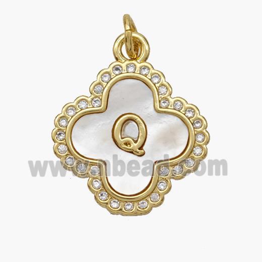 Copper Clover Pendant Pave Shell Zirconia Letter-Q 18K Gold Plated