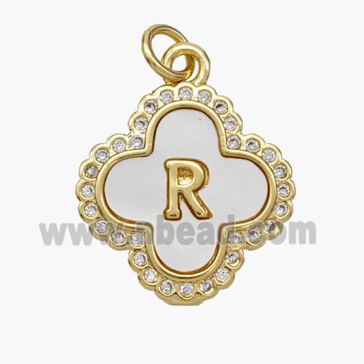 Copper Clover Pendant Pave Shell Zirconia Letter-R 18K Gold Plated