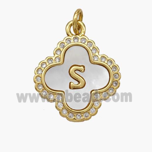 Copper Clover Pendant Pave Shell Zirconia Letter-S 18K Gold Plated