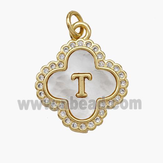 Copper Clover Pendant Pave Shell Zirconia Letter-T 18K Gold Plated