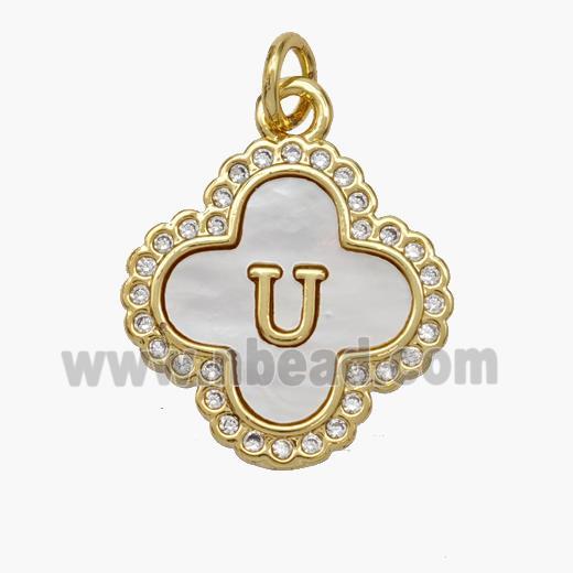 Copper Clover Pendant Pave Shell Zirconia Letter-U 18K Gold Plated