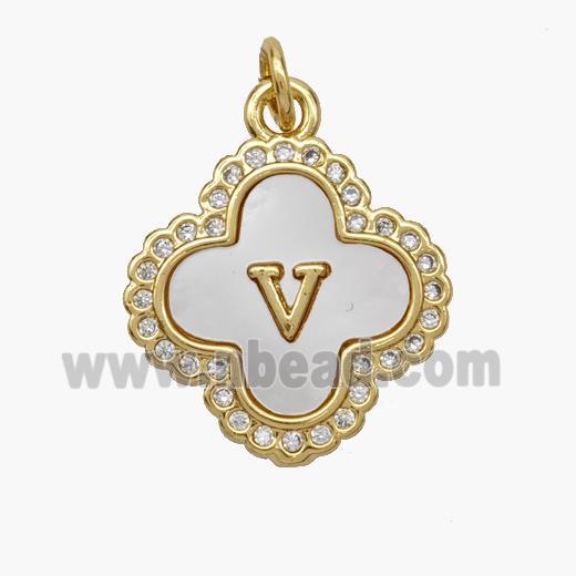 Copper Clover Pendant Pave Shell Zirconia Letter-V 18K Gold Plated