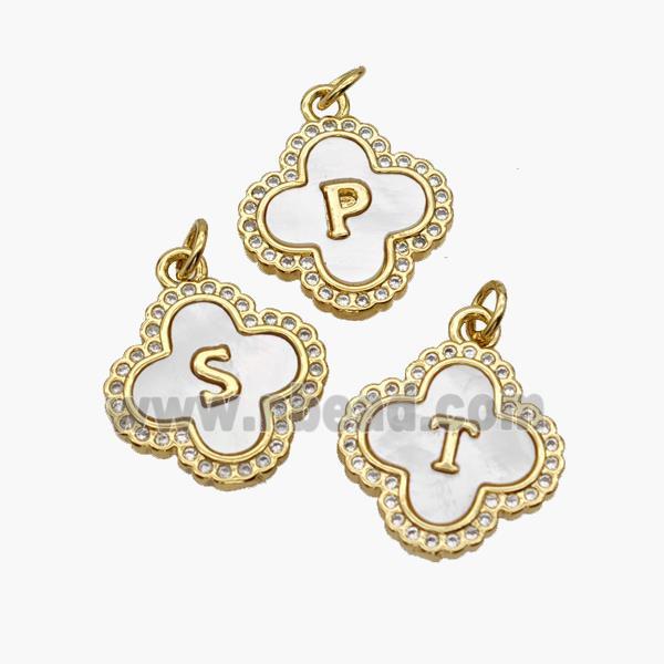 Copper Clover Letter Pendant Pave Shell Zirconia Alphabet 18K Gold Plated Mixed