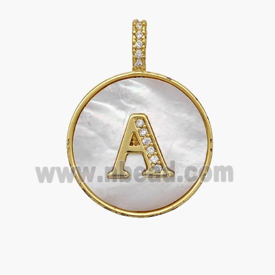 Copper Letter-A Pendant Pave Shell Zirconia Circle 18K Gold Plated