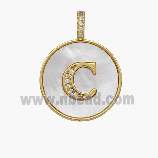 Copper Letter-C Pendant Pave Shell Zirconia Circle 18K Gold Plated