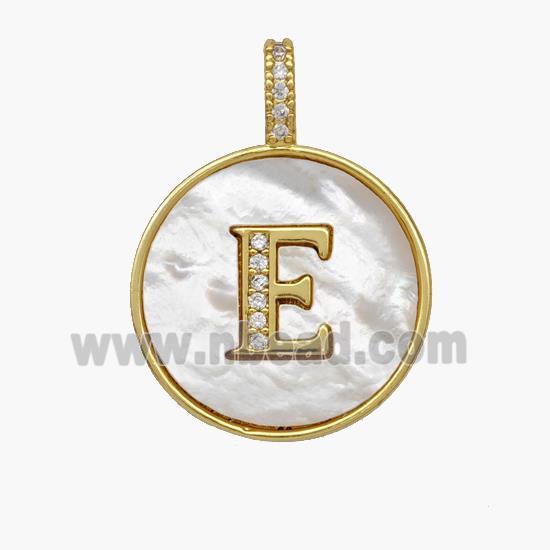 Copper Letter-E Pendant Pave Shell Zirconia Circle 18K Gold Plated