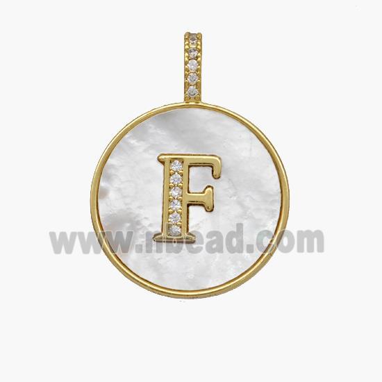 Copper Letter-F Pendant Pave Shell Zirconia Circle 18K Gold Plated