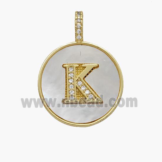 Copper Letter-K Pendant Pave Shell Zirconia Circle 18K Gold Plated