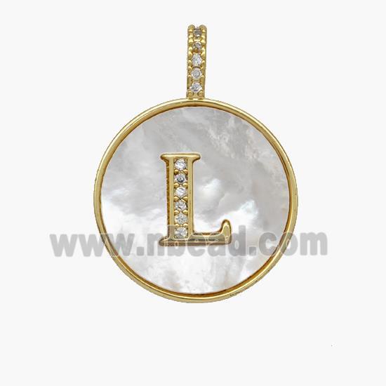 Copper Letter-L Pendant Pave Shell Zirconia Circle 18K Gold Plated