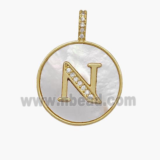 Copper Letter-N Pendant Pave Shell Zirconia Circle 18K Gold Plated