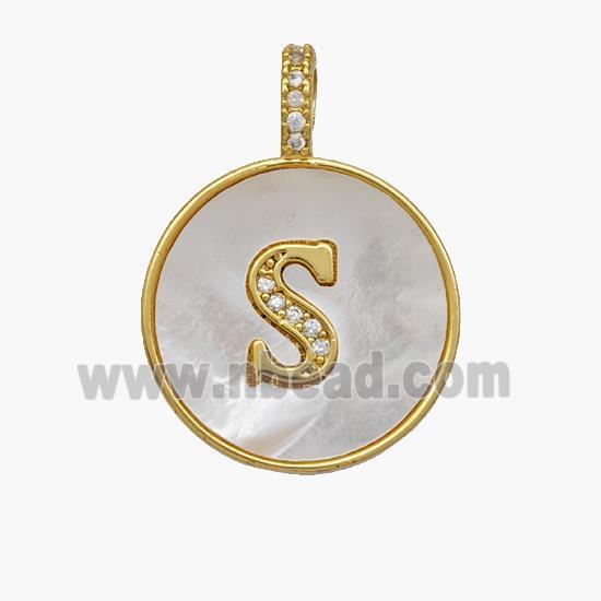 Copper Letter-S Pendant Pave Shell Zirconia Circle 18K Gold Plated