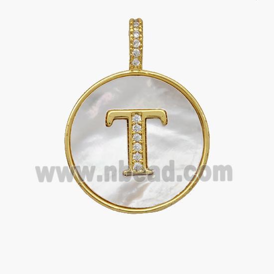 Copper Letter-T Pendant Pave Shell Zirconia Circle 18K Gold Plated