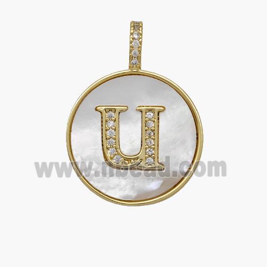 Copper Letter-U Pendant Pave Shell Zirconia Circle 18K Gold Plated