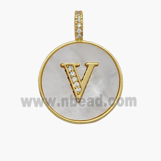 Copper Letter-V Pendant Pave Shell Zirconia Circle 18K Gold Plated