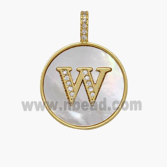 Copper Letter-W Pendant Pave Shell Zirconia Circle 18K Gold Plated