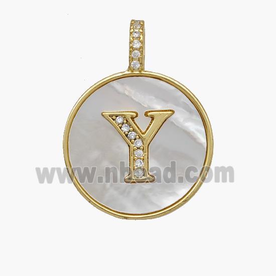 Copper Letter-Y Pendant Pave Shell Zirconia Circle 18K Gold Plated