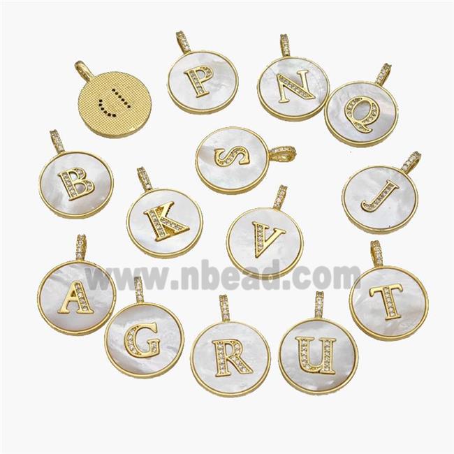 Copper Letter-A Pendant Pave Shell Zirconia Circle Alphabet 18K Gold Plated Mixed