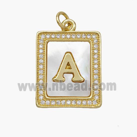 Copper Letter-A Pendant Pave Shell Zirconia Rectangle 18K Gold Plated