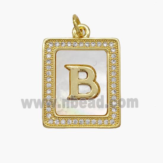 Copper Letter-B Pendant Pave Shell Zirconia Rectangle 18K Gold Plated