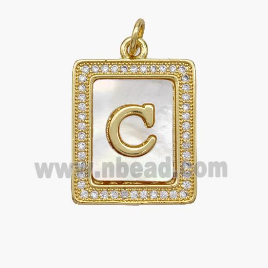 Copper Letter-C Pendant Pave Shell Zirconia Rectangle 18K Gold Plated