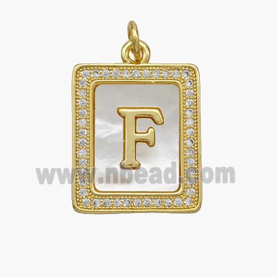 Copper Letter-F Pendant Pave Shell Zirconia Rectangle 18K Gold Plated