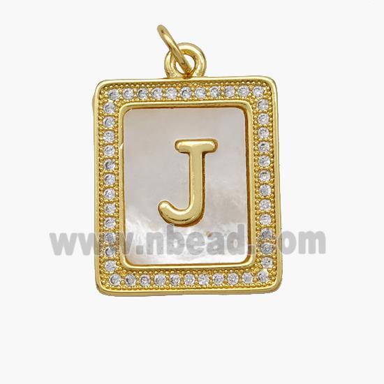 Copper Letter-J Pendant Pave Shell Zirconia Rectangle 18K Gold Plated