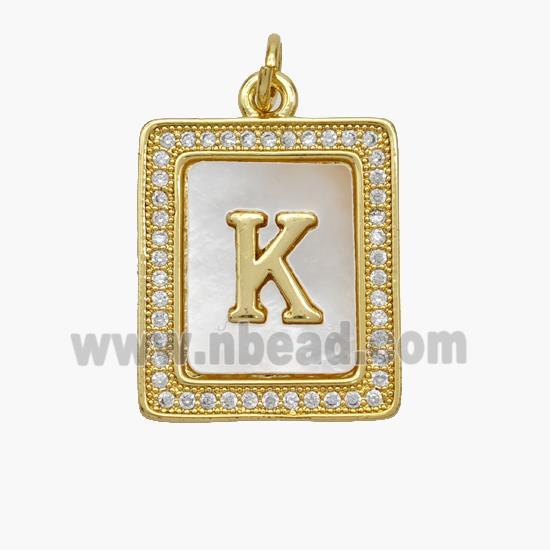 Copper Letter-K Pendant Pave Shell Zirconia Rectangle 18K Gold Plated