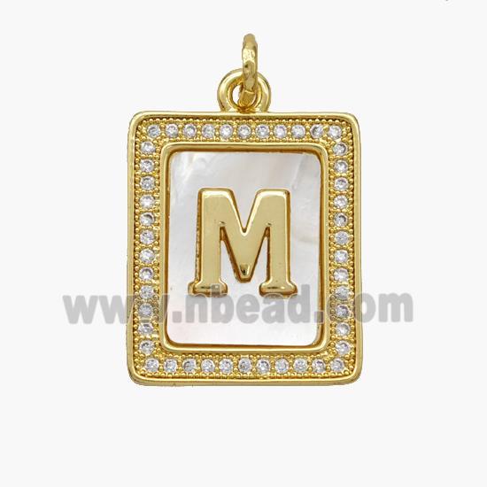 Copper Letter-M Pendant Pave Shell Zirconia Rectangle 18K Gold Plated