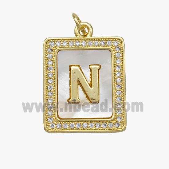 Copper Letter-N Pendant Pave Shell Zirconia Rectangle 18K Gold Plated