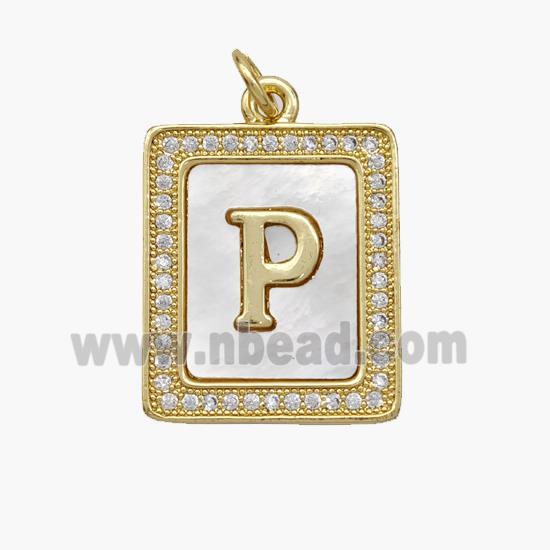 Copper Letter-P Pendant Pave Shell Zirconia Rectangle 18K Gold Plated