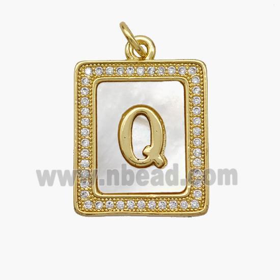 Copper Letter-Q Pendant Pave Shell Zirconia Rectangle 18K Gold Plated