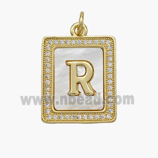 Copper Letter-R Pendant Pave Shell Zirconia Rectangle 18K Gold Plated