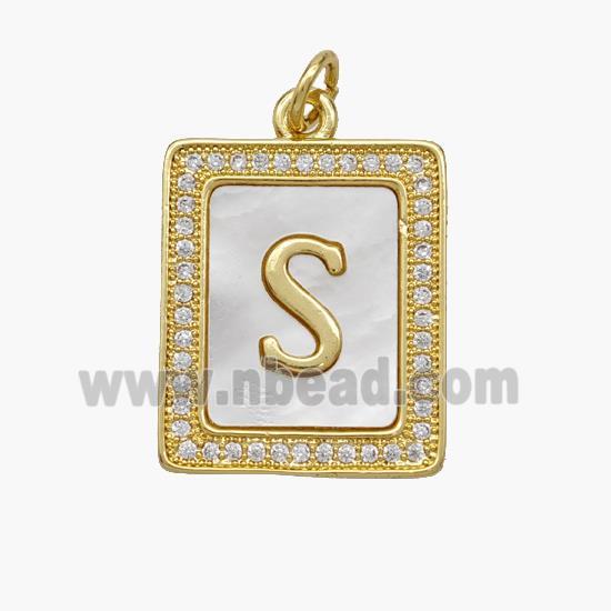 Copper Letter-S Pendant Pave Shell Zirconia Rectangle 18K Gold Plated