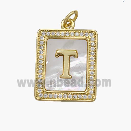 Copper Letter-T Pendant Pave Shell Zirconia Rectangle 18K Gold Plated