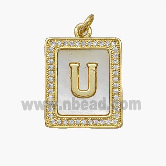 Copper Letter-U Pendant Pave Shell Zirconia Rectangle 18K Gold Plated