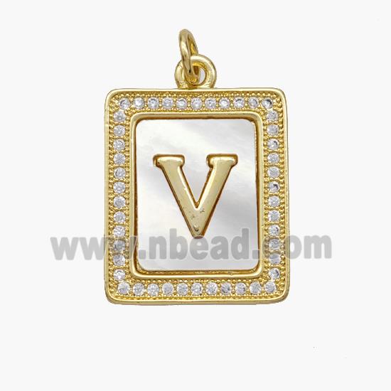 Copper Letter-V Pendant Pave Shell Zirconia Rectangle 18K Gold Plated