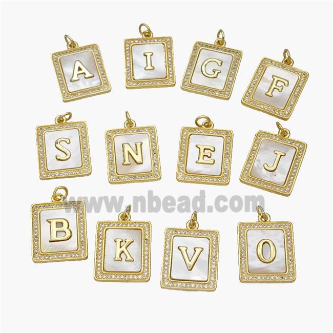 Copper Letters Pendant Pave Shell Zirconia Rectangle Alphabet 18K Gold Plated Mixed