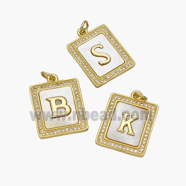 Copper Letters Pendant Pave Shell Zirconia Rectangle Alphabet 18K Gold Plated Mixed