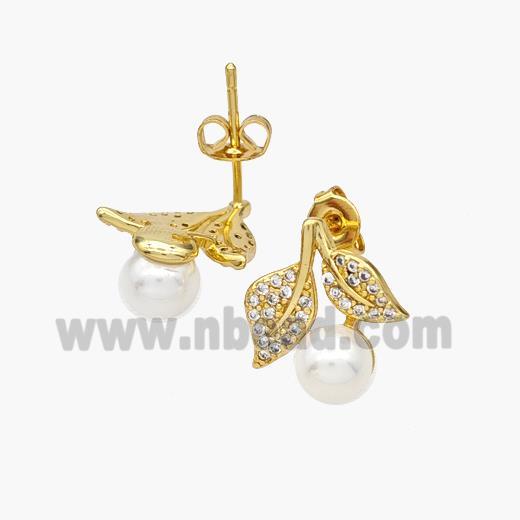 Copper Leaf Stud Earrings Pave Zirconia Pearlized Resin 18K Gold Plated