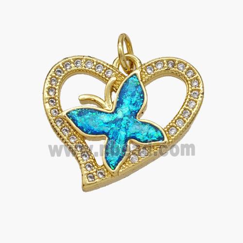 Copper Heart Butterfly Pendant Pave Fire Opal Zirconia 18K Gold Plated