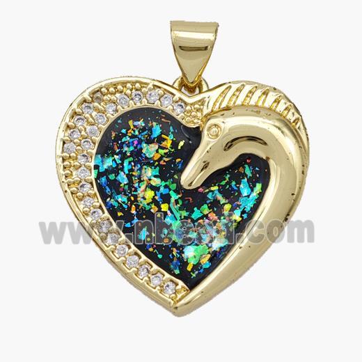 Copper Heart Pendant Pave Fire Opal Zirconia Swan 18K Gold Plated