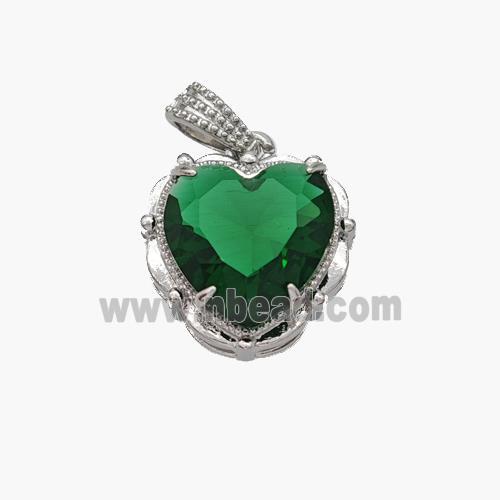 Copper Heart Pendant Pave Green Crystal Glass Platinum Plated