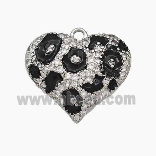 Copper Heart Pendant Micropave Zirconia Black Enamel Platinum Plated