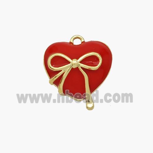 Copper Heart Pendant Red Enamel Bowknot Gold Plated