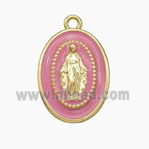 Copper Jesus Pendant Pink Enamel Oval Gold Plated