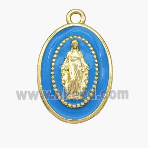 Copper Jesus Pendant Blue Enamel Oval Gold Plated