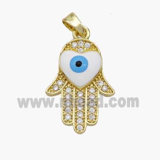 Copper Hamsahand Pendant Pave Zirconia Evil Eye White Enamel Gold Plated