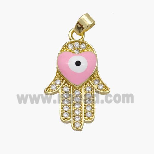 Copper Hamsahand Pendant Pave Zirconia Evil Eye Pink Enamel Gold Plated