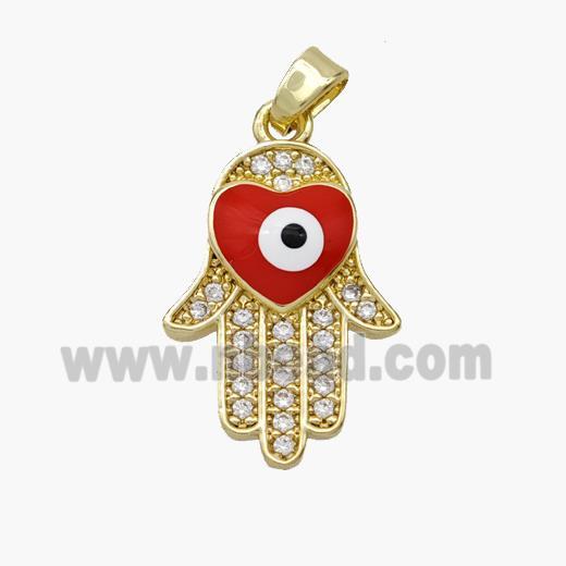 Copper Hamsahand Pendant Pave Zirconia Evil Eye Red Enamel Gold Plated